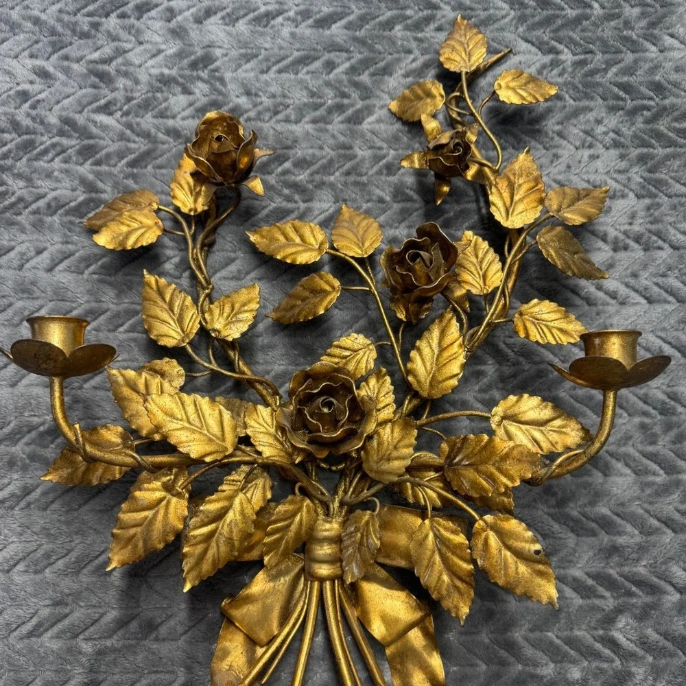 Vintage Gold Gilt Metal Rose Bouquet Wall Sconce Double Candle Holder Florentine